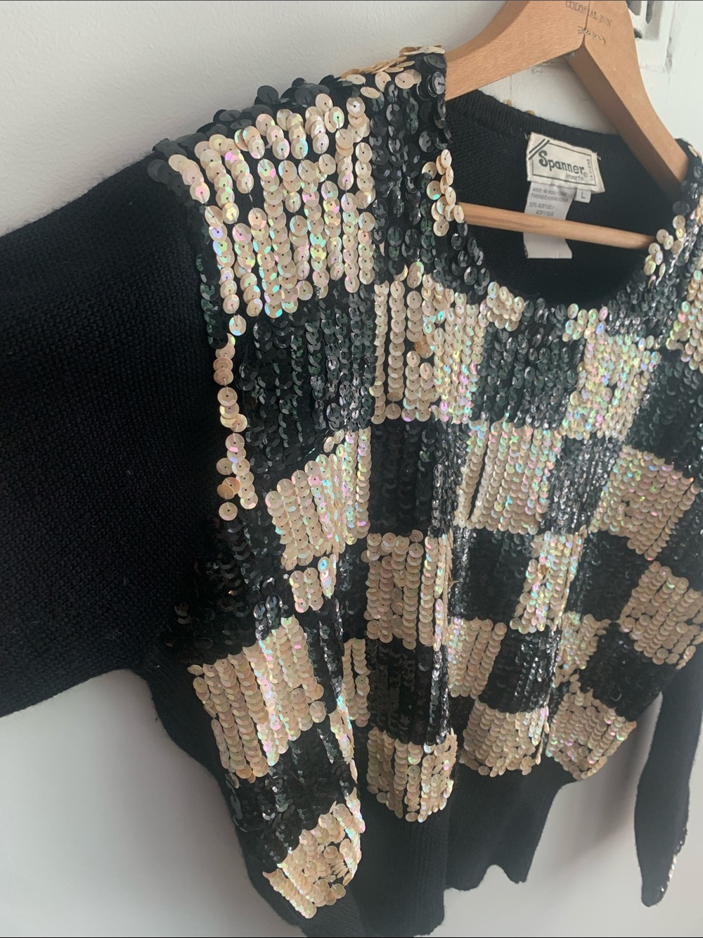 Vintage Sequin Checkerboard Wool Knit Sweater Black/Cream Size L - Picture 2 of 8